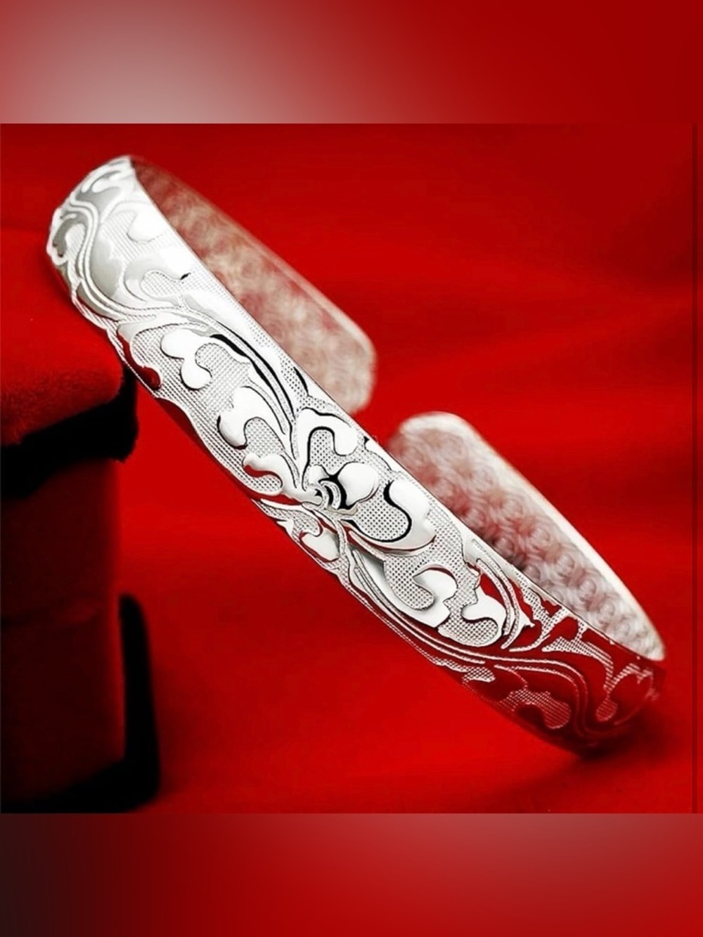 Elegant Silver Tone Floral Engraved Cuff Bracelet Adjustable Boho Stackable